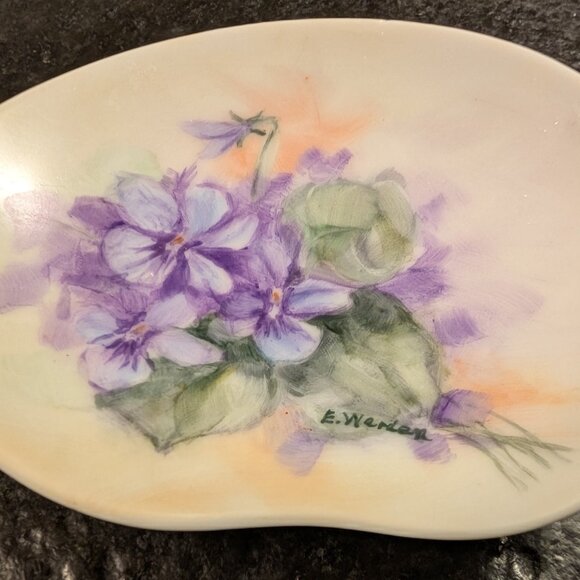 (2) Vintage Hand Painted Porcelain Jewelry Trinket Dish Floral 4 1/4" X 3 1/2" - Picture 4 of 10
